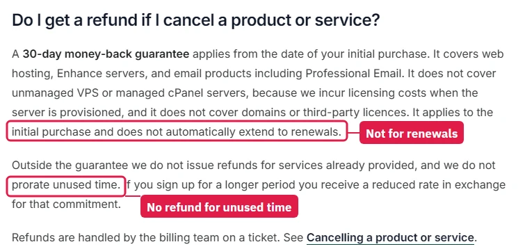 hosting.com knowledge base refund answer: 30-day money-back on the first purchase only, not renewals, no prorating