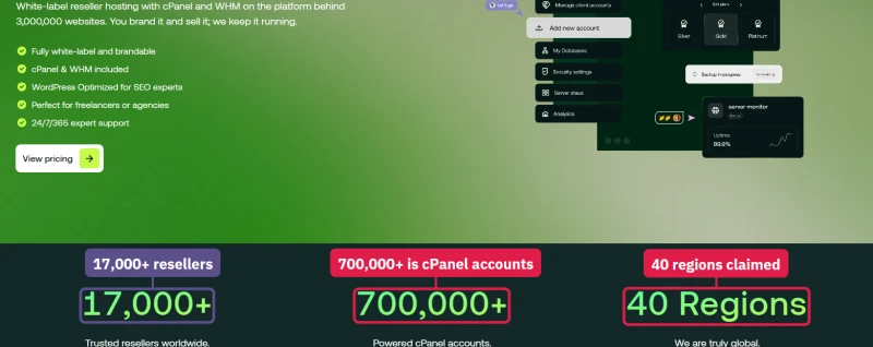 hosting.com reseller stats: 17,000+ resellers, 700,000+ powered cPanel accounts and 40 regions