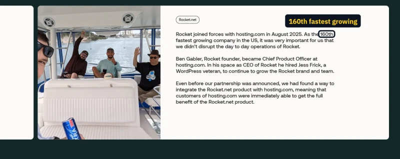 hosting.com acquisitions page on Rocket.net: the 160th fastest growing company in the US