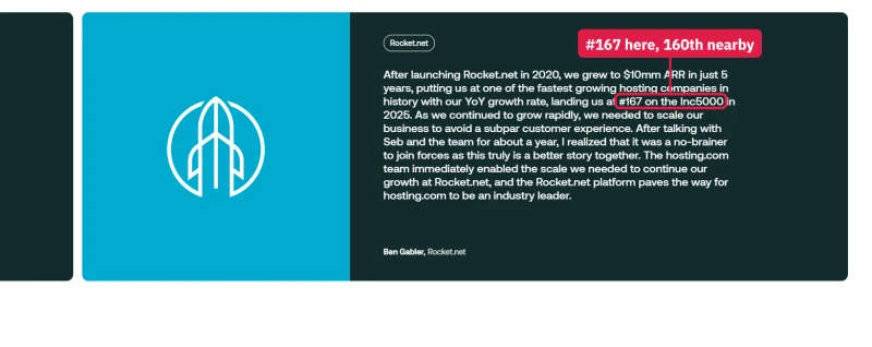 Rocket.net founder quote on hosting.com's acquisitions page: #167 on the Inc5000 in 2025