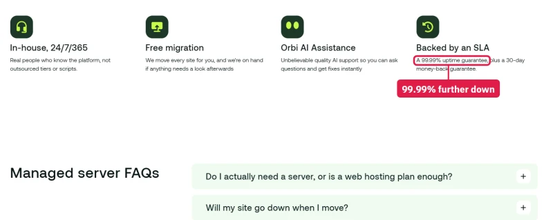hosting.com managed cloud servers page further down: a 99.99% uptime guarantee for the same servers