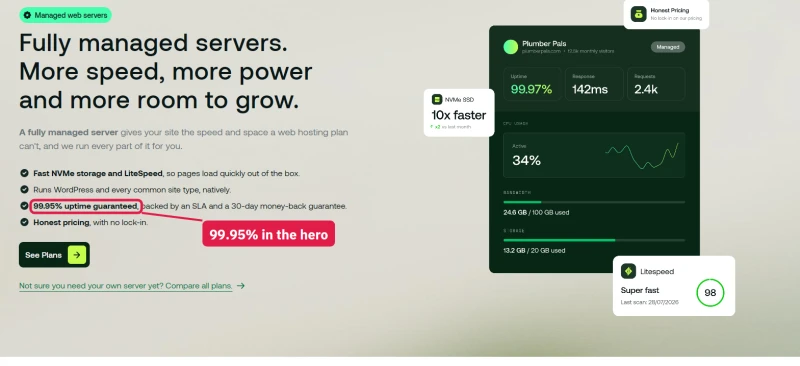 hosting.com managed cloud servers hero: 99.95% uptime guaranteed, backed by an SLA