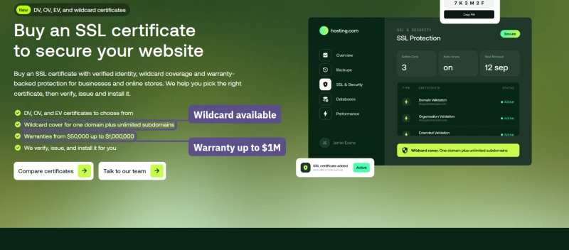 hosting.com SSL page hero describing wildcard certificates and warranties up to $1 million