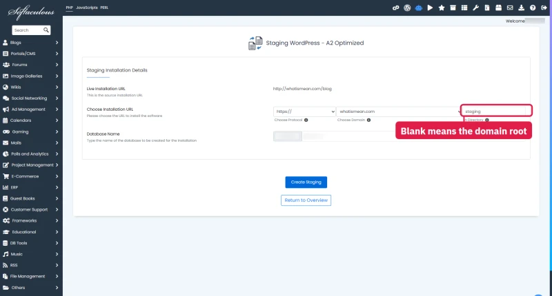 Softaculous Create Staging form on hosting.com cPanel, with the staging folder field that defaults to blank