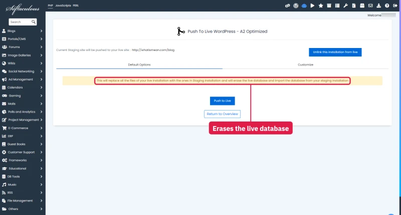Softaculous Push to Live on hosting.com: replaces live files and database, with a backup of the live site first