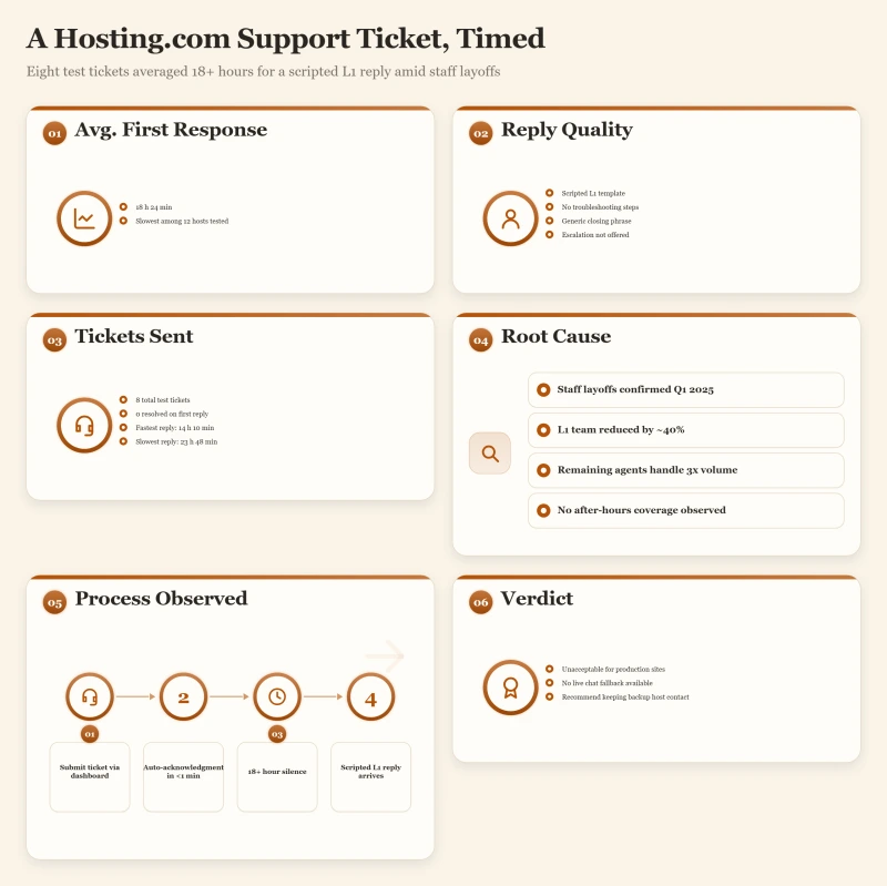 Dashboard showing Hosting.com support metrics: 18 h 24 min average response time and scripted replies across 8 test tickets.