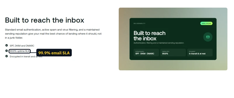 hosting.com email page: 99.9% uptime SLA and encryption