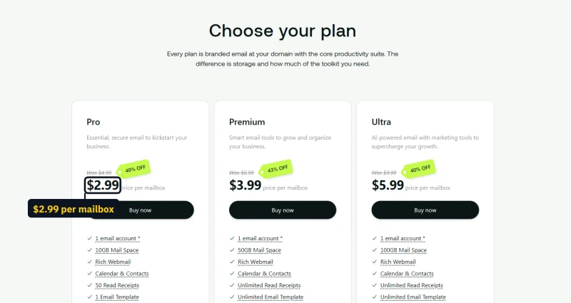 hosting.com professional email cards: Titan Pro from $2.99 per mailbox a month