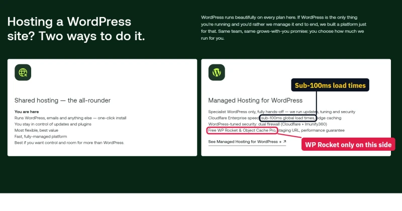 hosting.com two ways to host WordPress: shared plans versus the Managed WordPress platform with WP Rocket