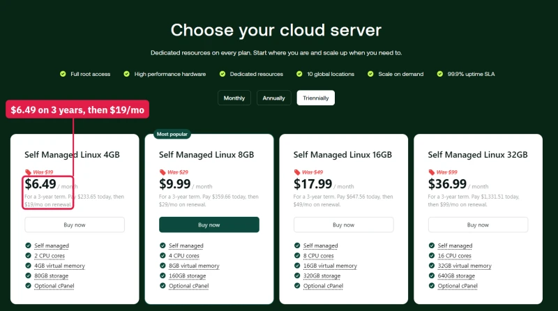 hosting.com unmanaged VPS cards on a 3-year term: 4GB from $6.49 a month, renewing at $19 a month