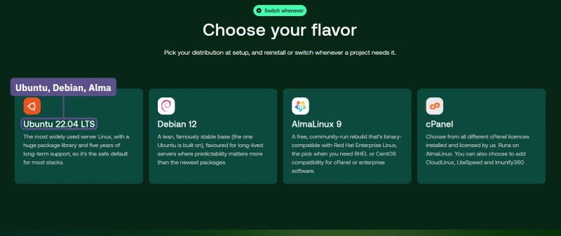 hosting.com unmanaged VPS operating systems: Ubuntu, Debian and AlmaLinux only
