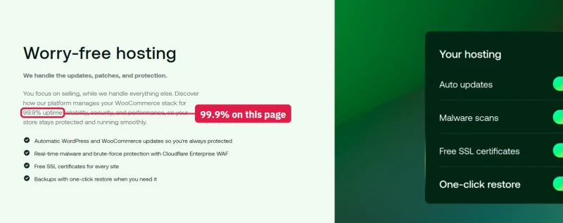 hosting.com WooCommerce hosting page: 99.9% uptime reliability