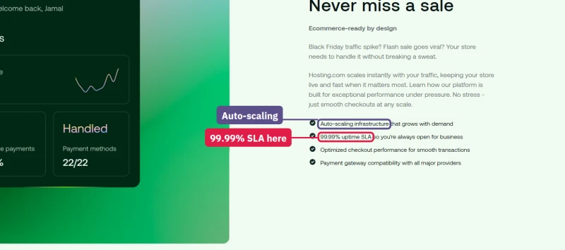 hosting.com WooCommerce hosting page lower down: 99.99% uptime SLA and auto-scaling infrastructure