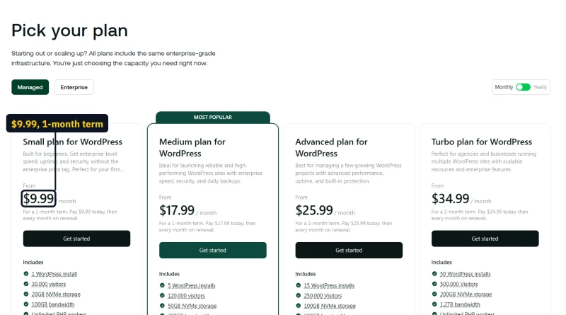 hosting.com WooCommerce plan cards on monthly billing: $9.99 for a 1-month term, then every month on renewal