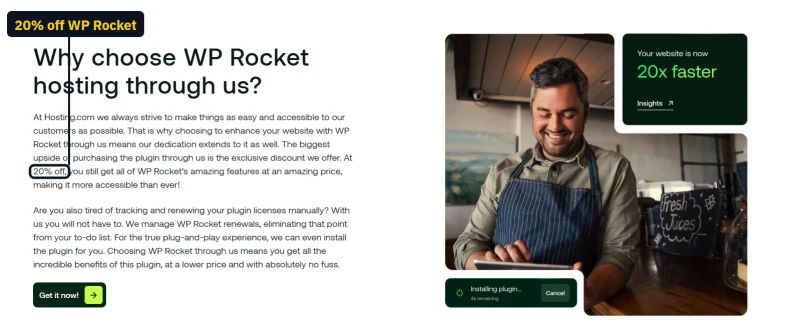 hosting.com WP Rocket add-on page: 20% off WP Rocket bought through hosting.com