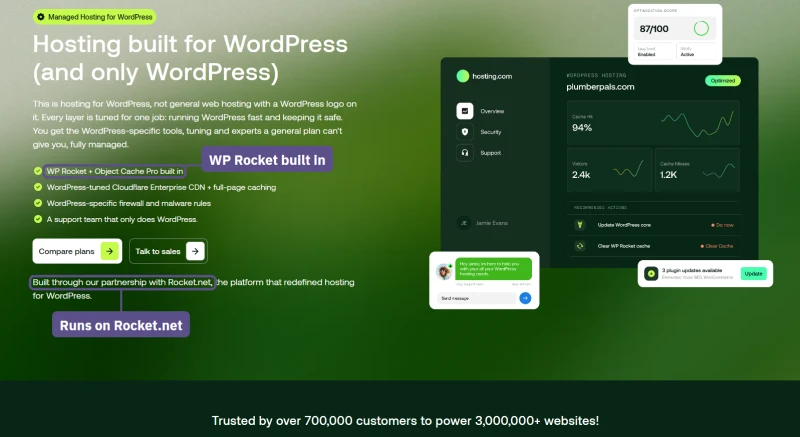 hosting.com Managed WordPress hero: WP Rocket and Object Cache Pro built in, running on Rocket.net
