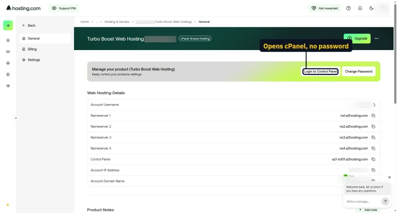my.hosting.com plan page with the Login to Control Panel button that opens cPanel without a password