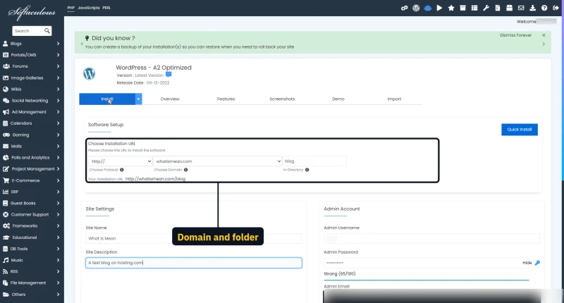 Softaculous WordPress install form on hosting.com: domain, folder, site name and admin details filled in