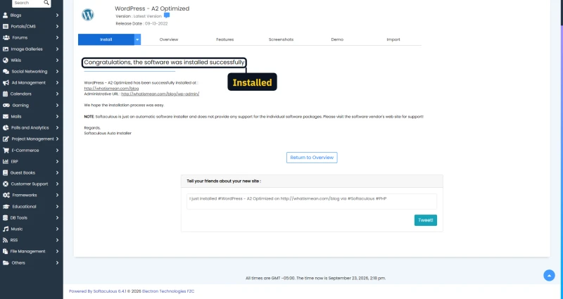 Softaculous success screen on hosting.com: WordPress installed, after the progress bar sat at 95% for over three minutes