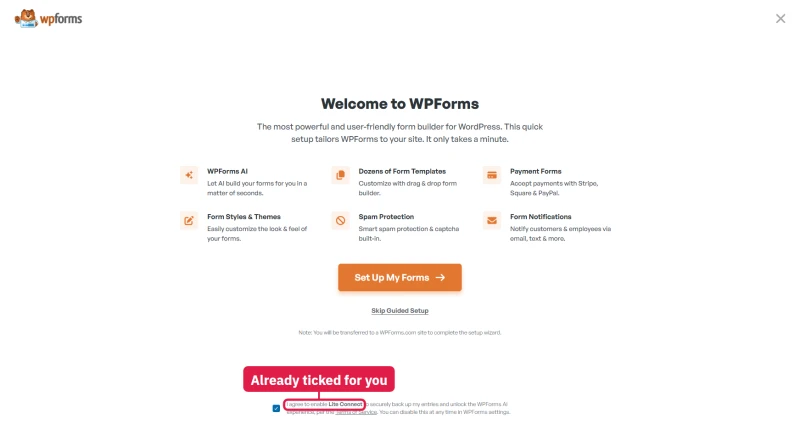 First WordPress admin screen on hosting.com: a WPForms setup wizard with Lite Connect already ticked