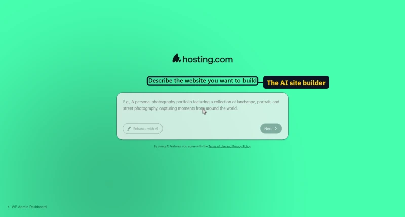 hosting.com AI site builder in WordPress: describe the website you want to build