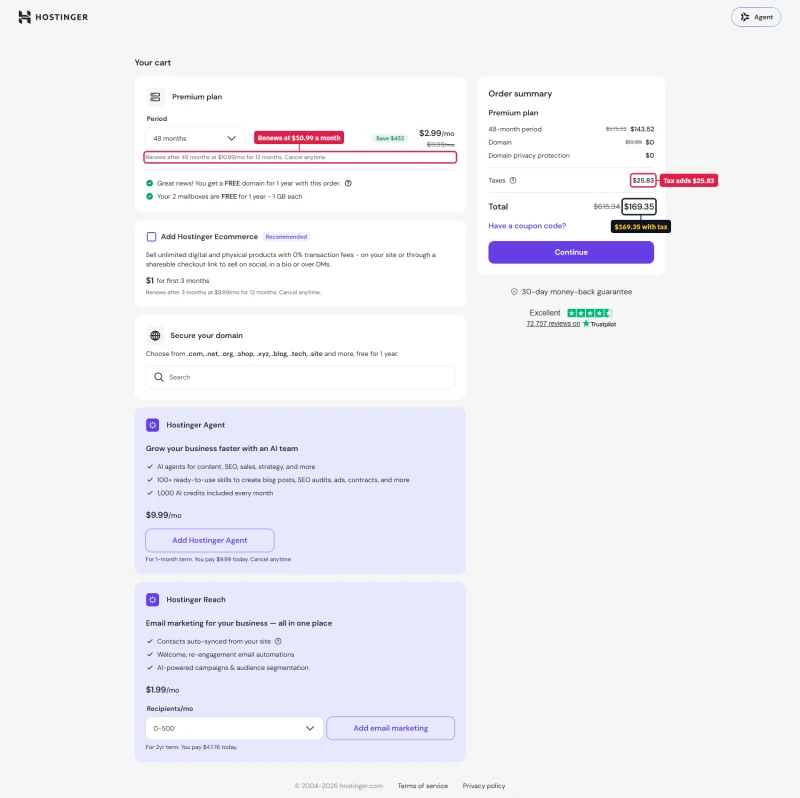 Hostinger cart, Premium 48 months: $143.52, taxes $25.83, total $169.35, renews after 48 months at $10.99 for 12 months