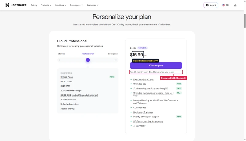 Hostinger Cloud Professional: $15.99 a month on 48 months, renews at $44.99, 5 CPU cores, 6 GB RAM, 200 GB NVMe