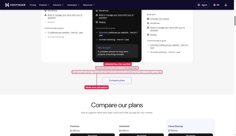 Hostinger plan card footnotes: Unlimited features are subject to our Fair Usage Policy; all plans are paid upfront