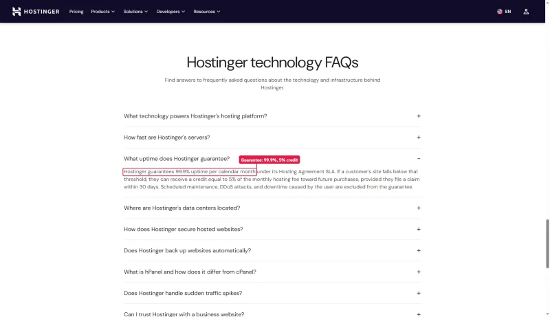 Hostinger technology FAQ: guarantees 99.9% uptime per calendar month, credit of 5% of the monthly fee, claim within 30 days