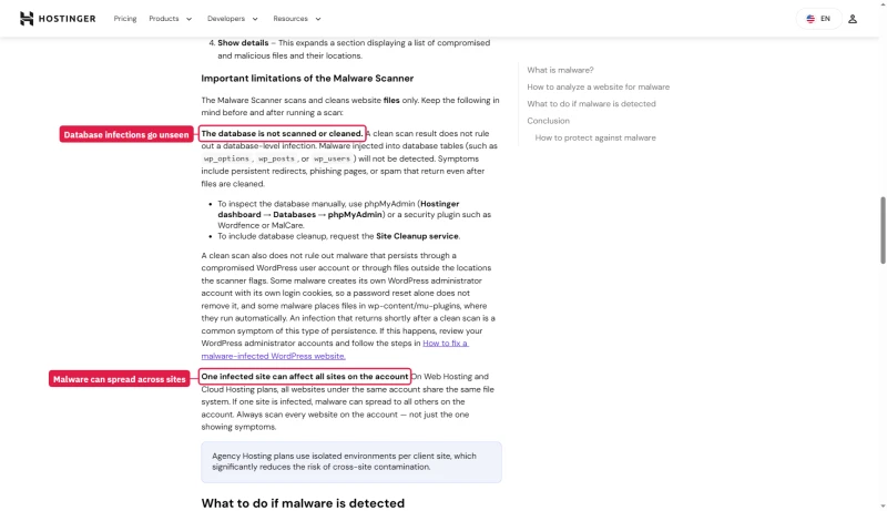 Hostinger malware scanner article: the database is not scanned or cleaned; one infected site can affect all sites