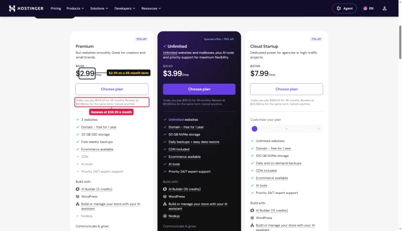 Hostinger plan cards on 48 months: Premium $2.99, $143.52 today, renews $10.99; Unlimited $3.99; Cloud Startup $7.99