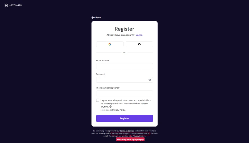 Hostinger Register page: Google, GitHub or email sign-up; small print says Hostinger may send product updates by email