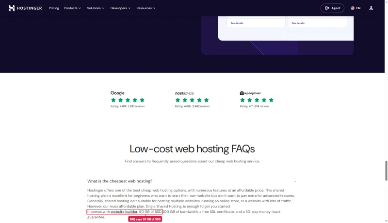 Hostinger cheap hosting FAQ: Single comes with website builder, 50 GB of SSD and 100 GB of bandwidth
