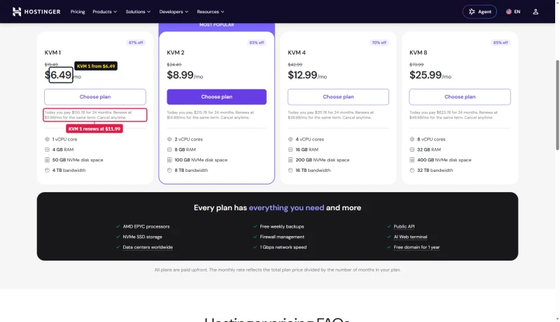 Hostinger VPS cards on 24 months: KVM 1 $6.49 renewing $11.99, KVM 2 $8.99, KVM 4 $12.99, KVM 8 $25.99