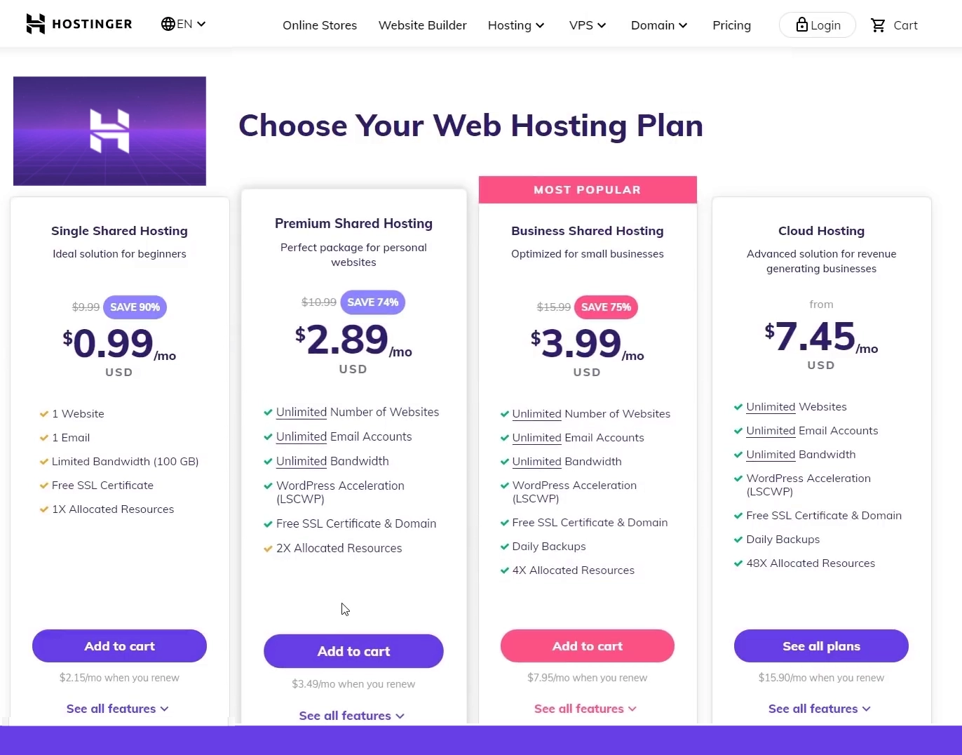 hostinger pricing for shared hosting