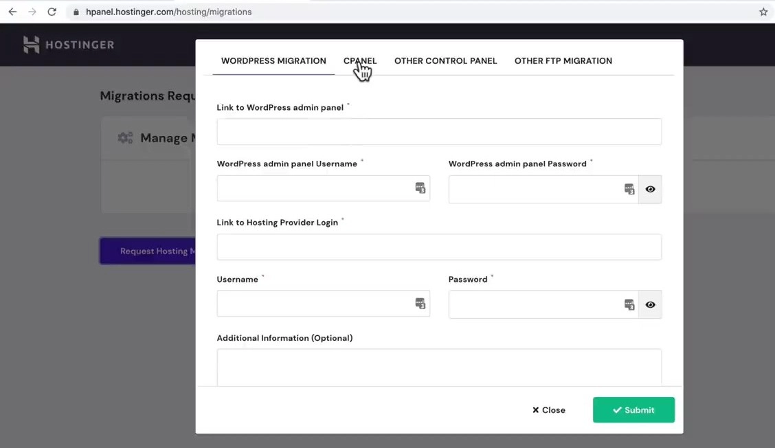 hostinger website migration request