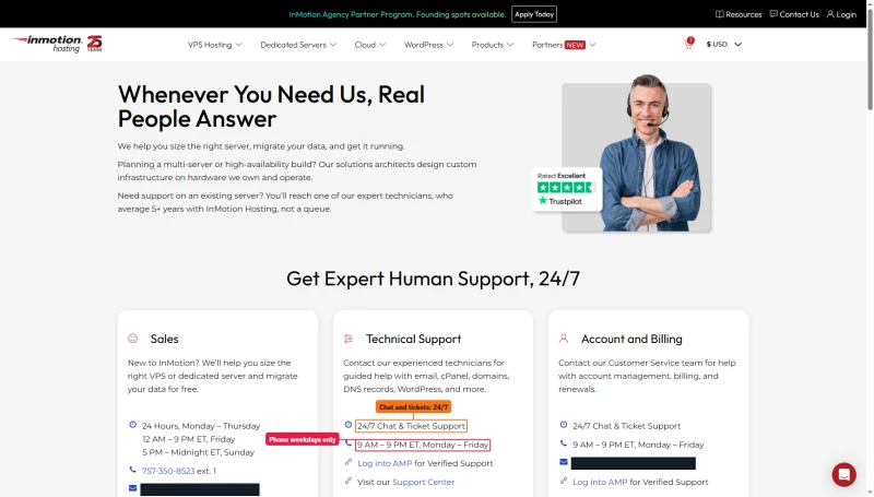 InMotion contact page, technical support: 24/7 chat and ticket support; phone 9 AM to 9 PM ET, Monday to Friday