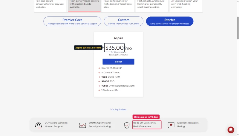 InMotion /pricing dedicated tab: Aspire $35.00 a month on a 12-month term, renews $49.99; strip says Up to 90-Day guarantee