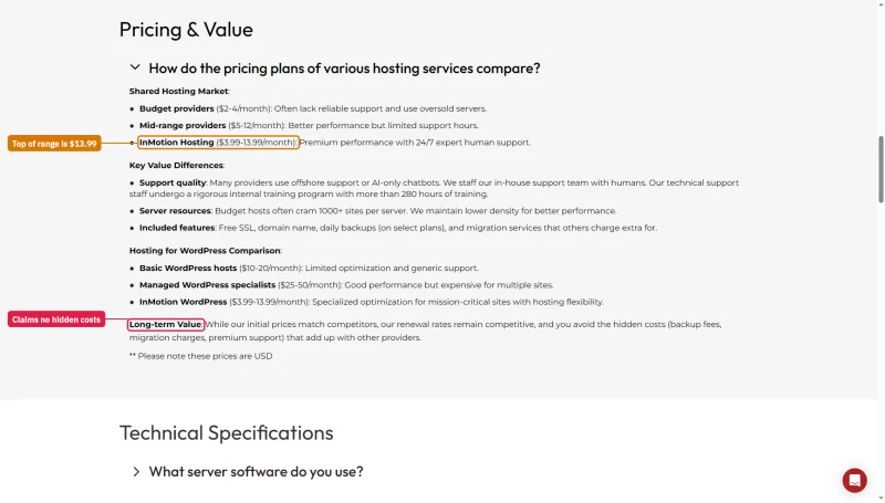 InMotion FAQ pricing answer: InMotion Hosting $3.99-13.99 a month; long-term value with no hidden costs such as backup fees