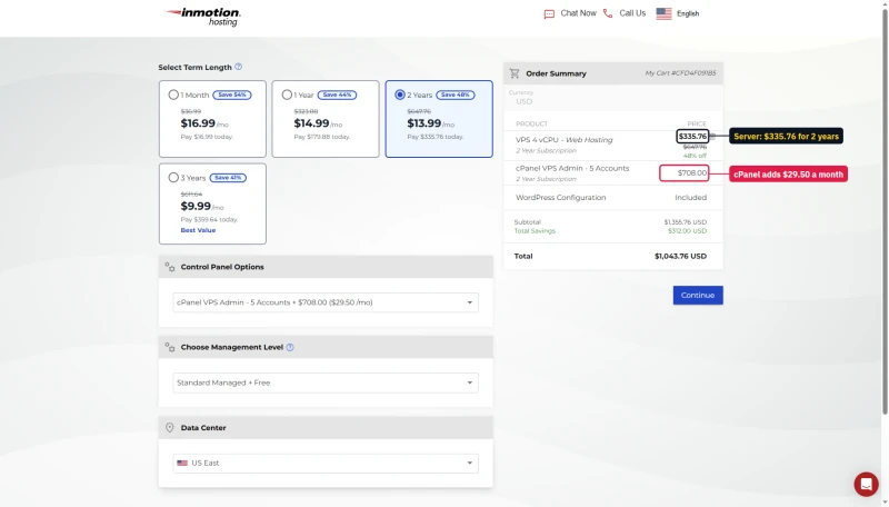 InMotion Managed VPS cart: VPS 4 vCPU $335.76 for 2 years plus cPanel VPS Admin $708.00, total $1,043.76