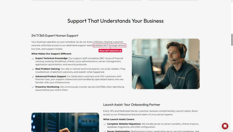 InMotion Premier Support page: every customer gets the support team, available 24/7 through phone, live chat and tickets