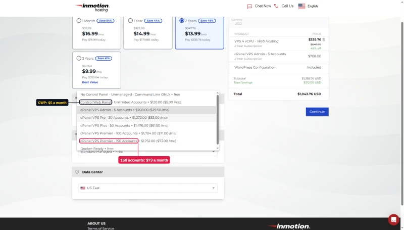 InMotion VPS cart panel menu: Control Web Panel $5 a month, cPanel from $29.50 for 5 accounts to $73 for 150