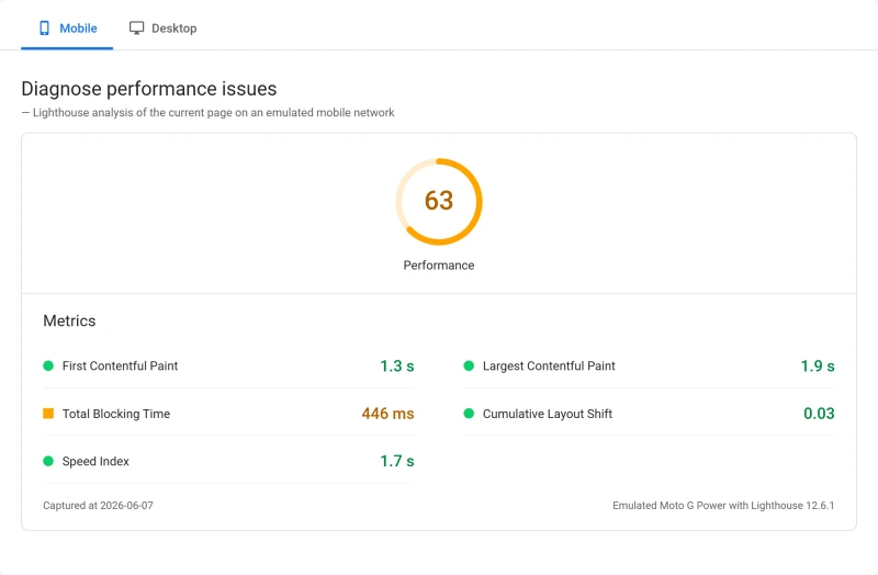 InMotion shared PageSpeed Insights scores, Power plan (our test)