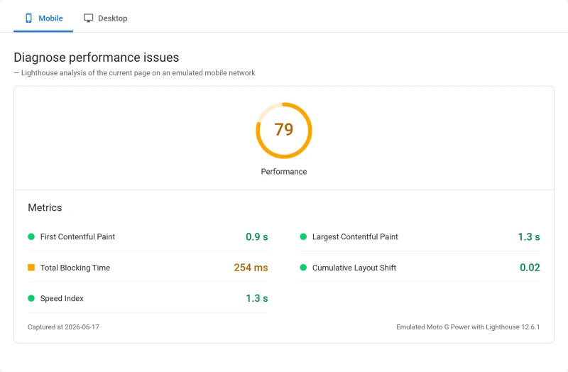 InMotion VPS PageSpeed Insights scores, Cloud VPS 4GB plan (our test)