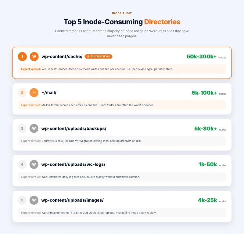 Ranked list of five directories that consume the most inodes on shared WordPress hosting