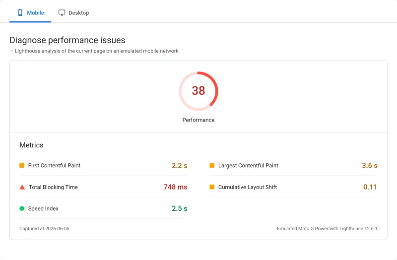 iPage shared PageSpeed Insights scores, Go Plan plan (our test)