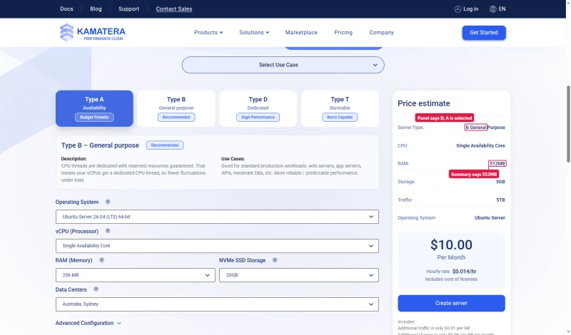 Kamatera calculator on load: Type A tile lit, panel says Type B, estimate $10.00 for 512 MB and 5 GB against a 256 MB form