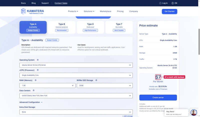 Kamatera calculator, Type A 1 GB 20 GB with extended daily backup ticked: $7 a month