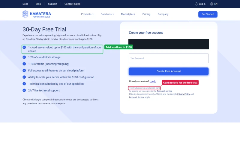 Kamatera 30-day free trial page: one cloud server worth up to $100, 1 TB storage and traffic, valid credit card required