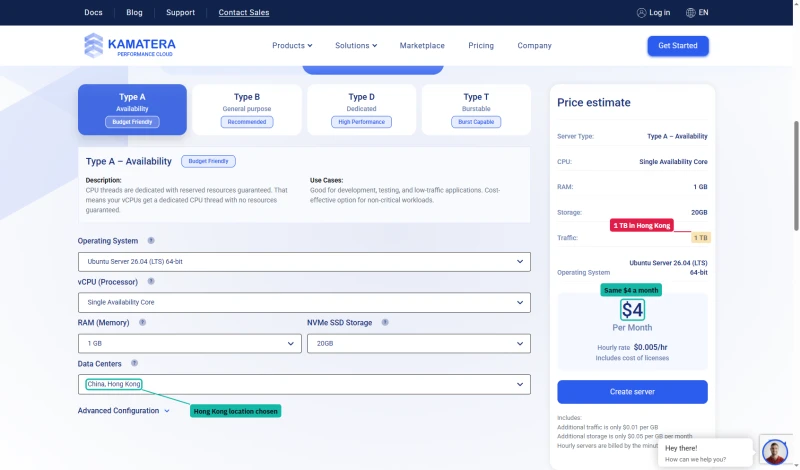 Kamatera calculator with Hong Kong chosen: Type A 1 GB 20 GB still $4 a month, traffic 1 TB